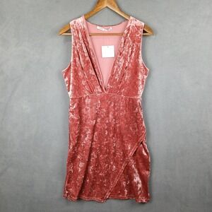 Fraiche by J Mini Dress Womens Medium Pink Stretch Velvet Pleated Plunge V Neck‎